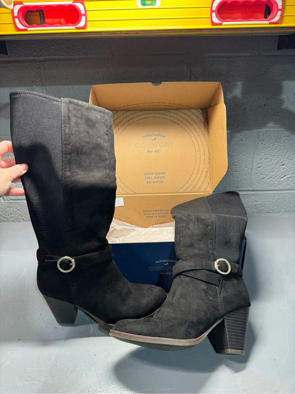 Dr. Scholl's Black Midcalf Suede Block Heel Boots with Buckle Detail